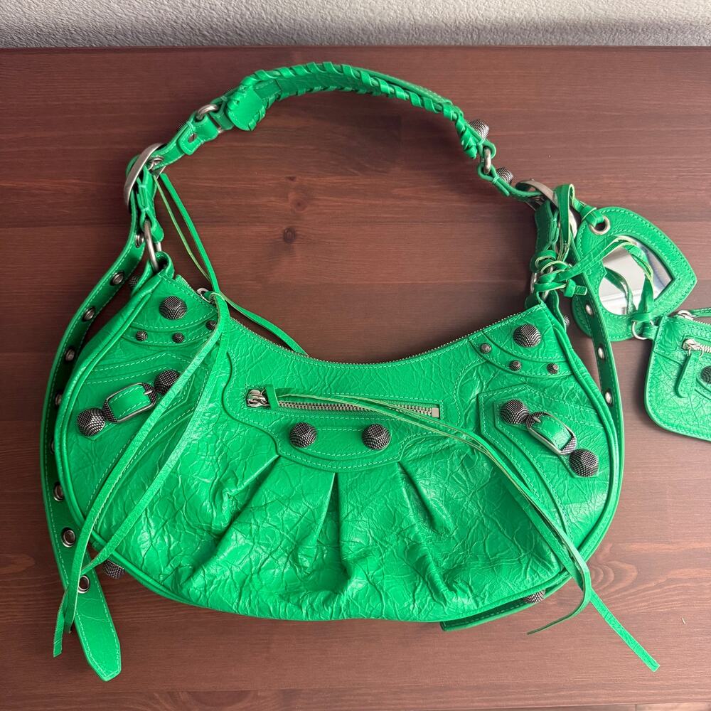 Balenciaga Le Cagole Small Shoulder Bag Green Arena Lambskin Studs Heart Mirror